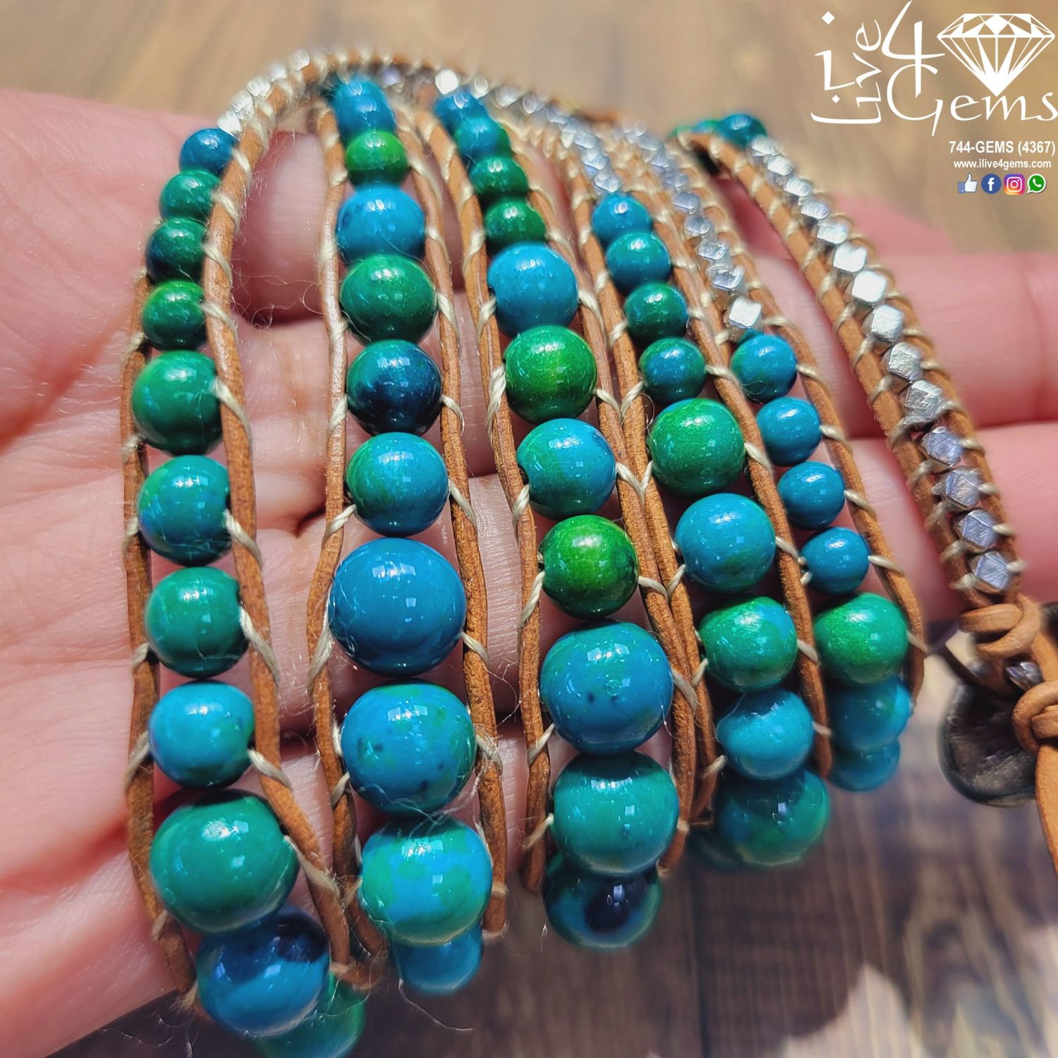Graduated Azurite and Dia Shape Bead Wrap Leather Bracelet
