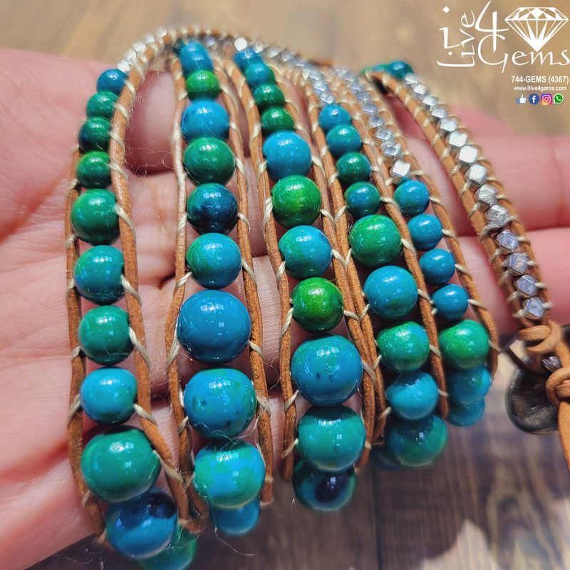 Graduated Azurite and Dia Shape Bead Wrap Leather Bracelet