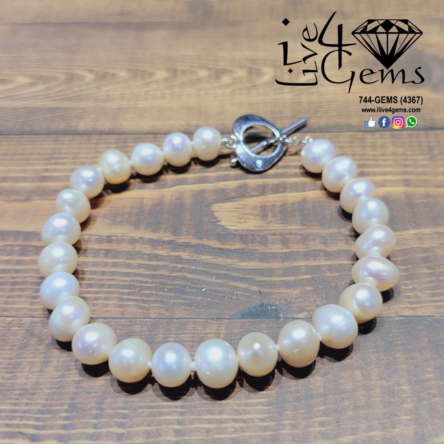 7-8MM Pearl Heart Toggle Bracelet , Color: White