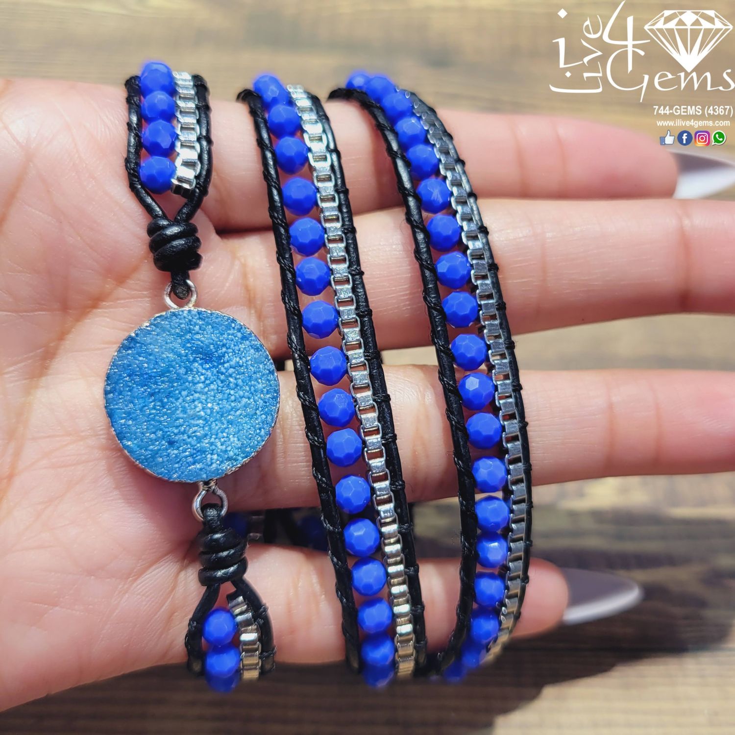 Wrap Druzy Leather Bracelet, Gemstone: Blue Spinel