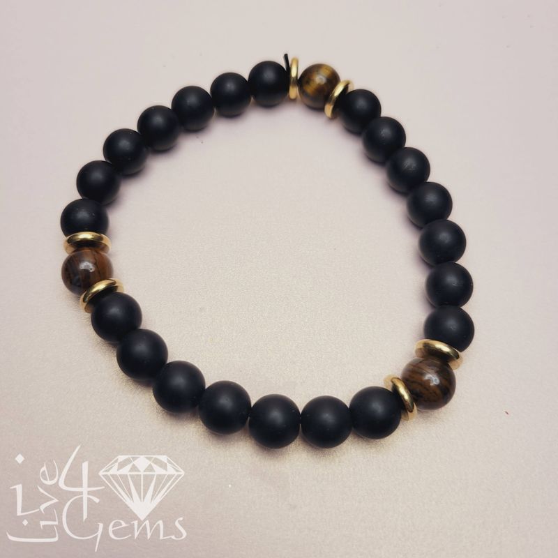 Tiger&#39;s Eye w Matte Onyx Gemstone  Bracelet