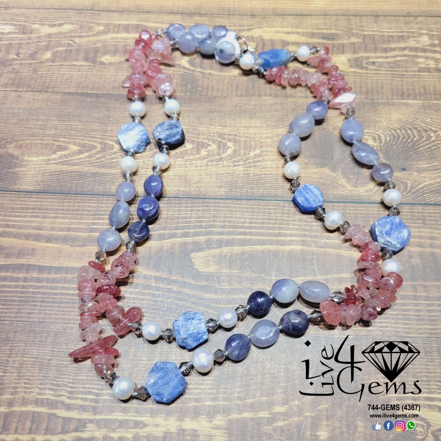 Strawberry Quartz/Kynite/Pearl/Iolite/Crystals 36&quot; Knotted