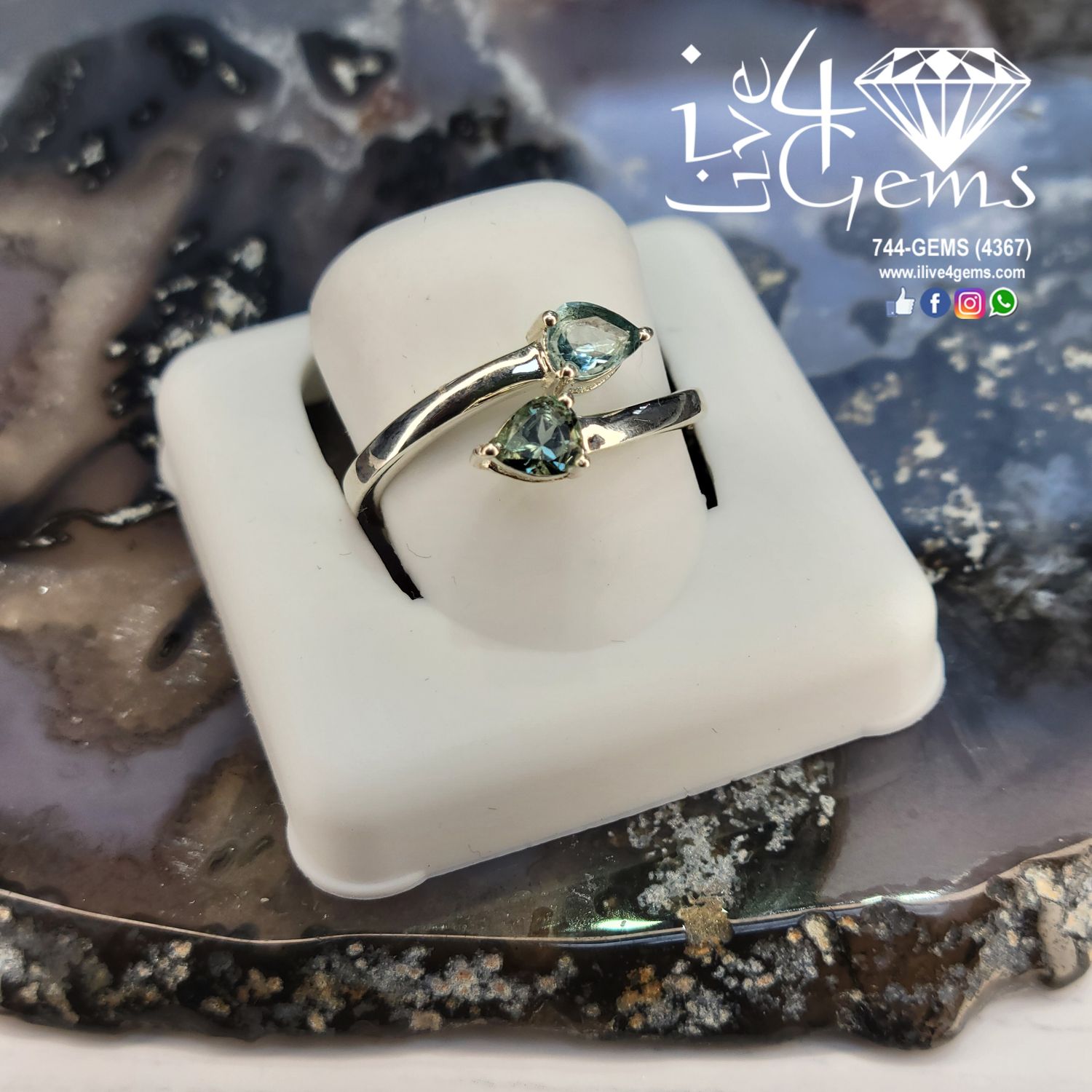 Sterling Silver Adjustable Tourmaline Ring S7, Color: Green/Blue