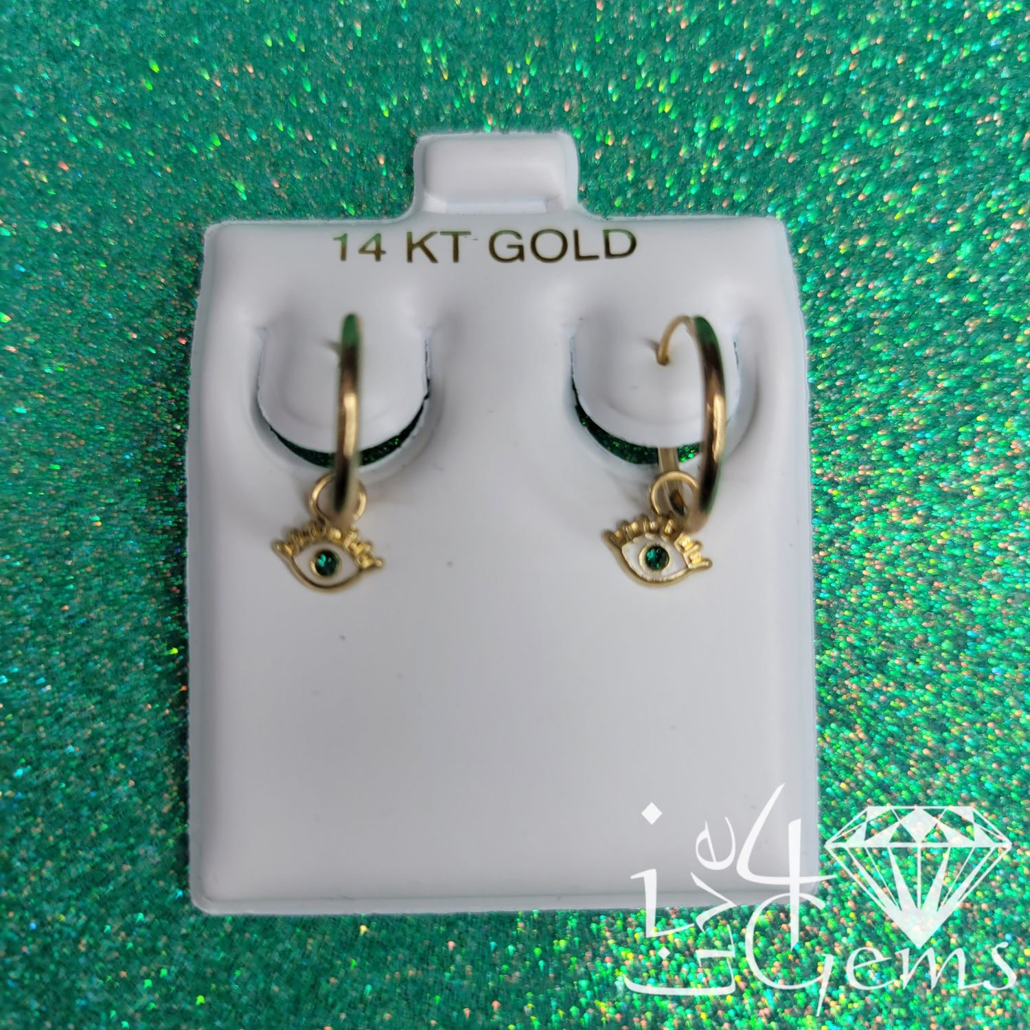 14kt Eye Charm Hoop Green