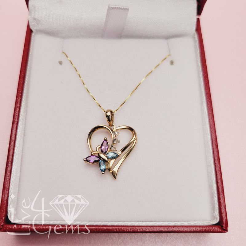 10kty Dia/BlueTopaz/Amethyst Heart Pendant/Chain