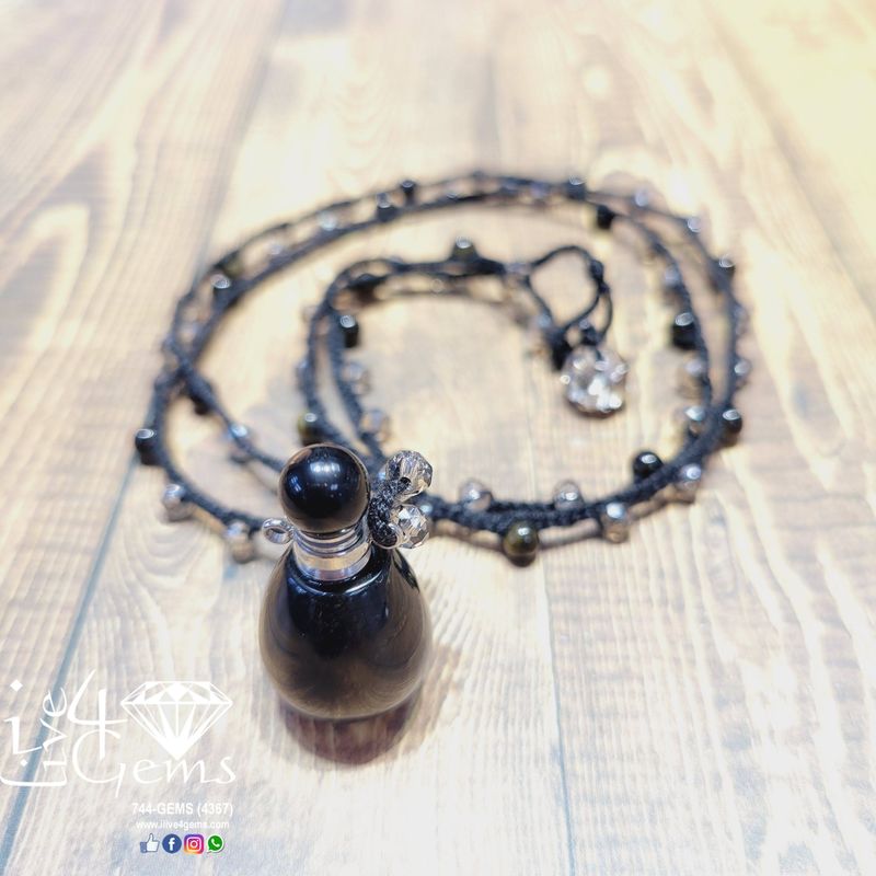 Black Obsidian Perfume Bottle Pendant  30”L