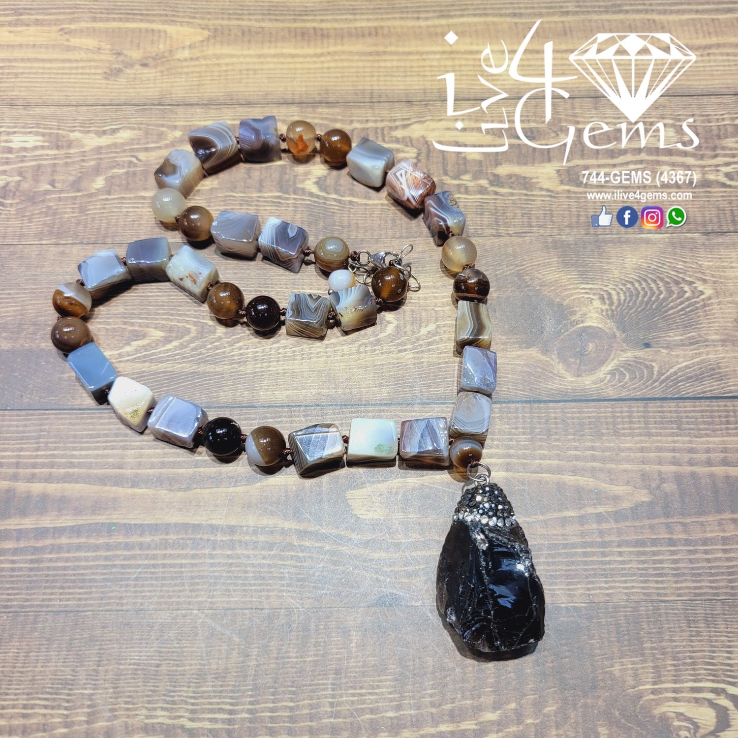 Botswana Agate, Brown Agate, Smoky Quartz Pend- 18&quot;L  1.5&quot; Extend