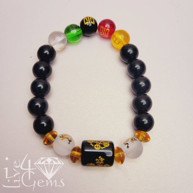 Five Elements Wealth, Obsidian Bracelet- Fire,Water,Metal,Wood,Earth