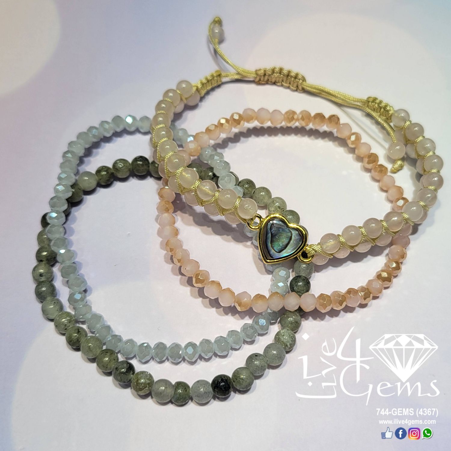 Rose Quartz, Labradorite and Crystal Shamballa Bracelet Set
