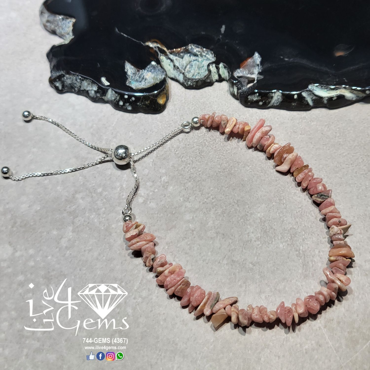 Silver Bead Cluster Bracelet Rhodochrosite