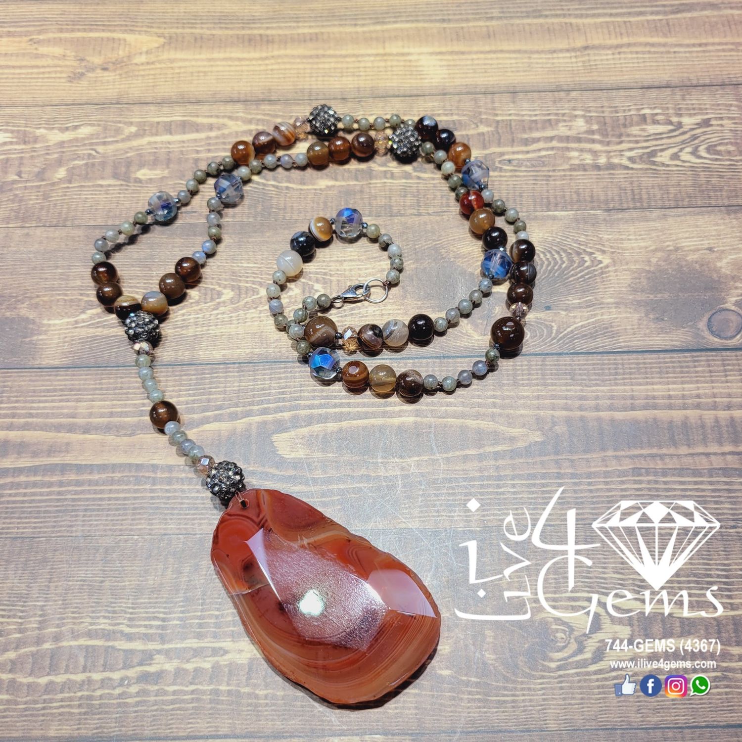 Geo Slap Agate Pend, Labradorite 4mm, Brown Agate, Crystal, 29.5&quot;L