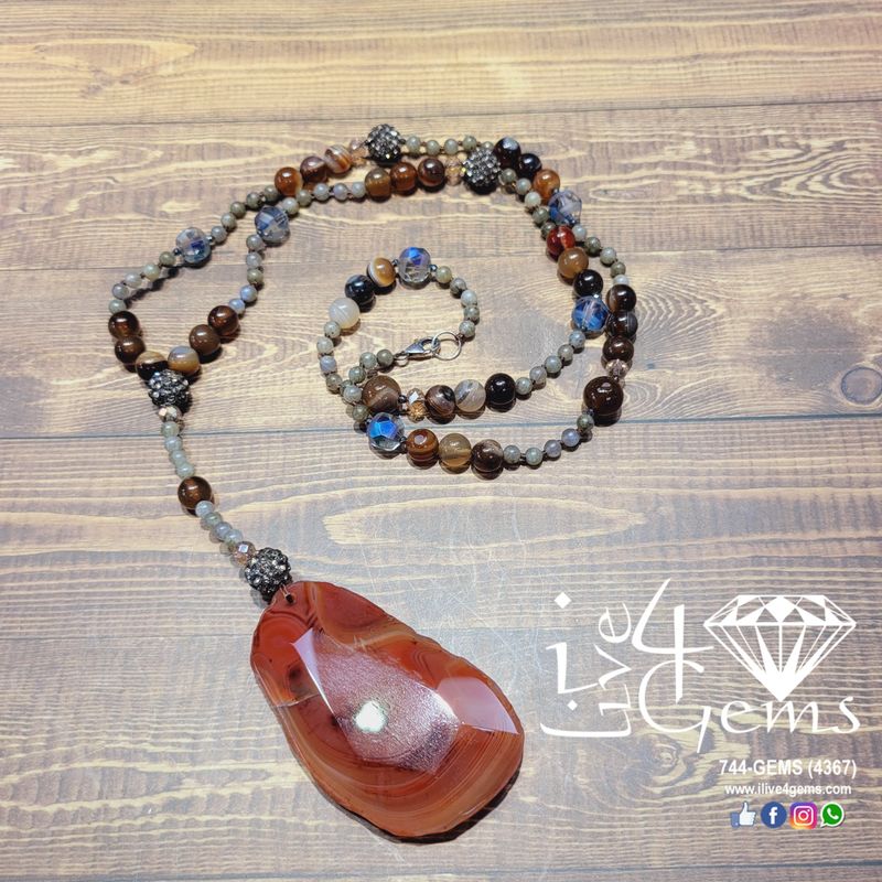 Geo Slap Agate Pend, Labradorite 4mm, Brown Agate, Crystal, 29.5&quot;L