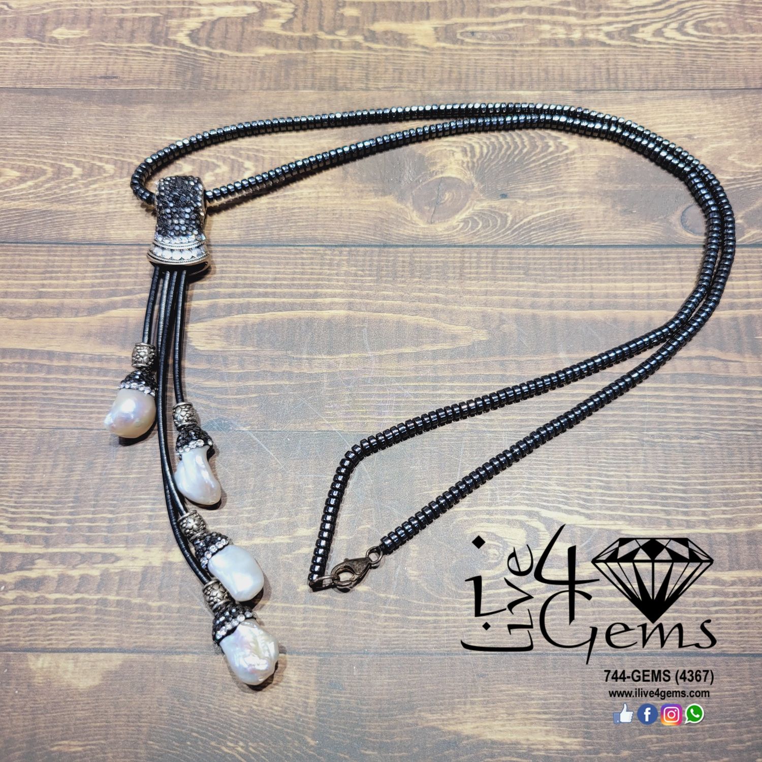 Pearl and 2x3mm Hematie Blk Leather 26&quot;L Hand Beaded