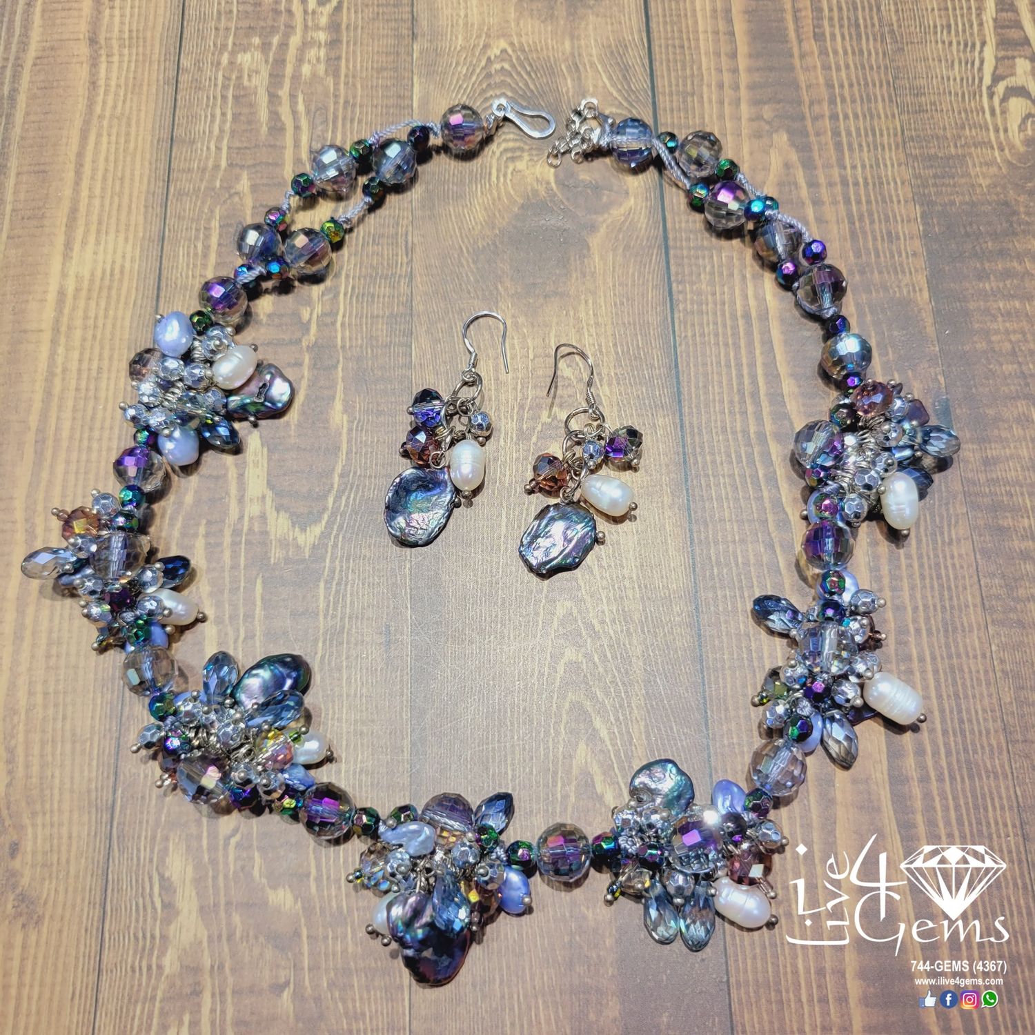 Blue Pearl Baroque Pearl/Crystal Necklace, Earring Set