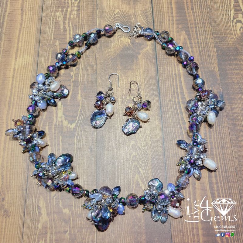 Blue Pearl Baroque Pearl/Crystal Necklace, Earring Set