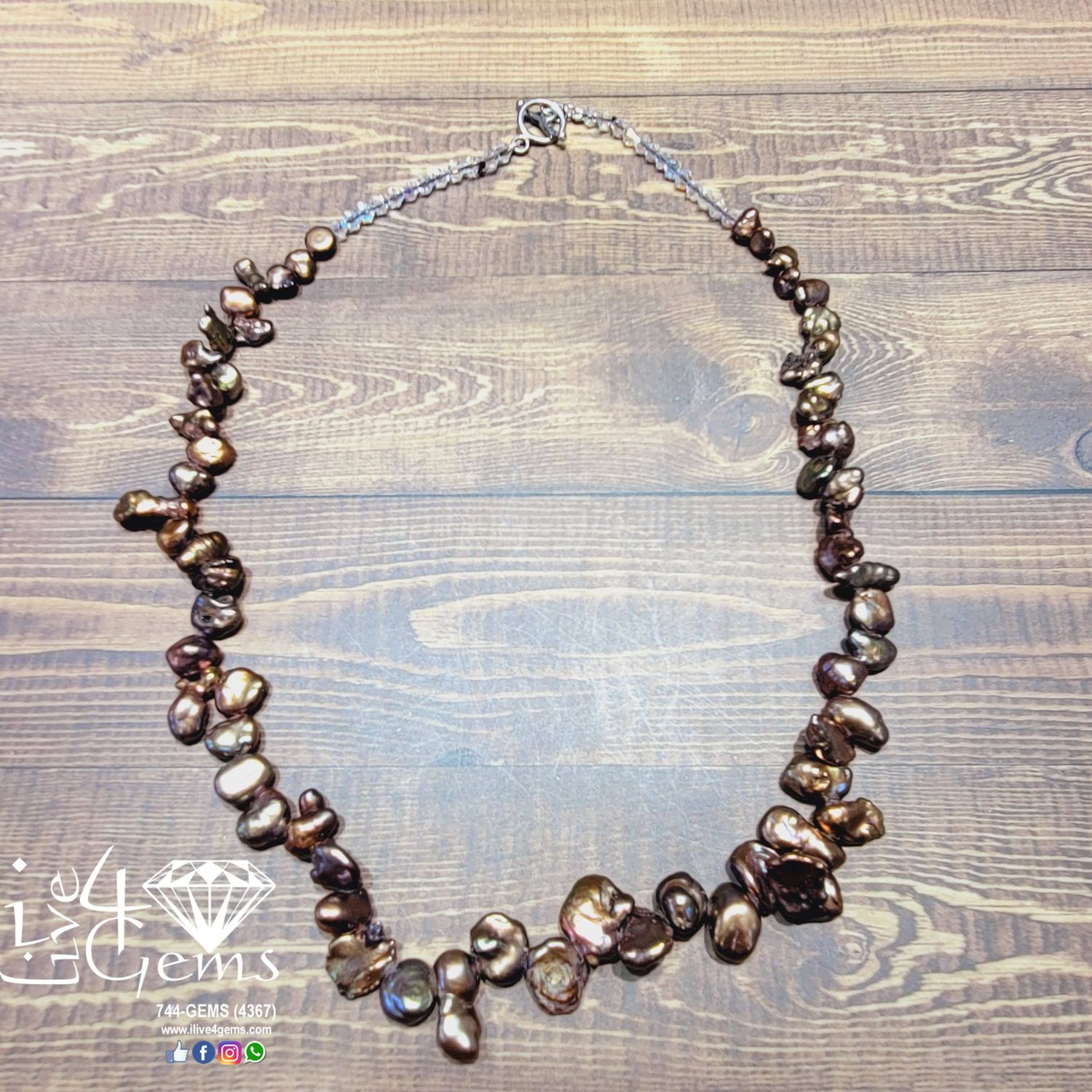 Keshi Chocolate Pearl 9X12mm 19.5inch Necklace w/silver toggle