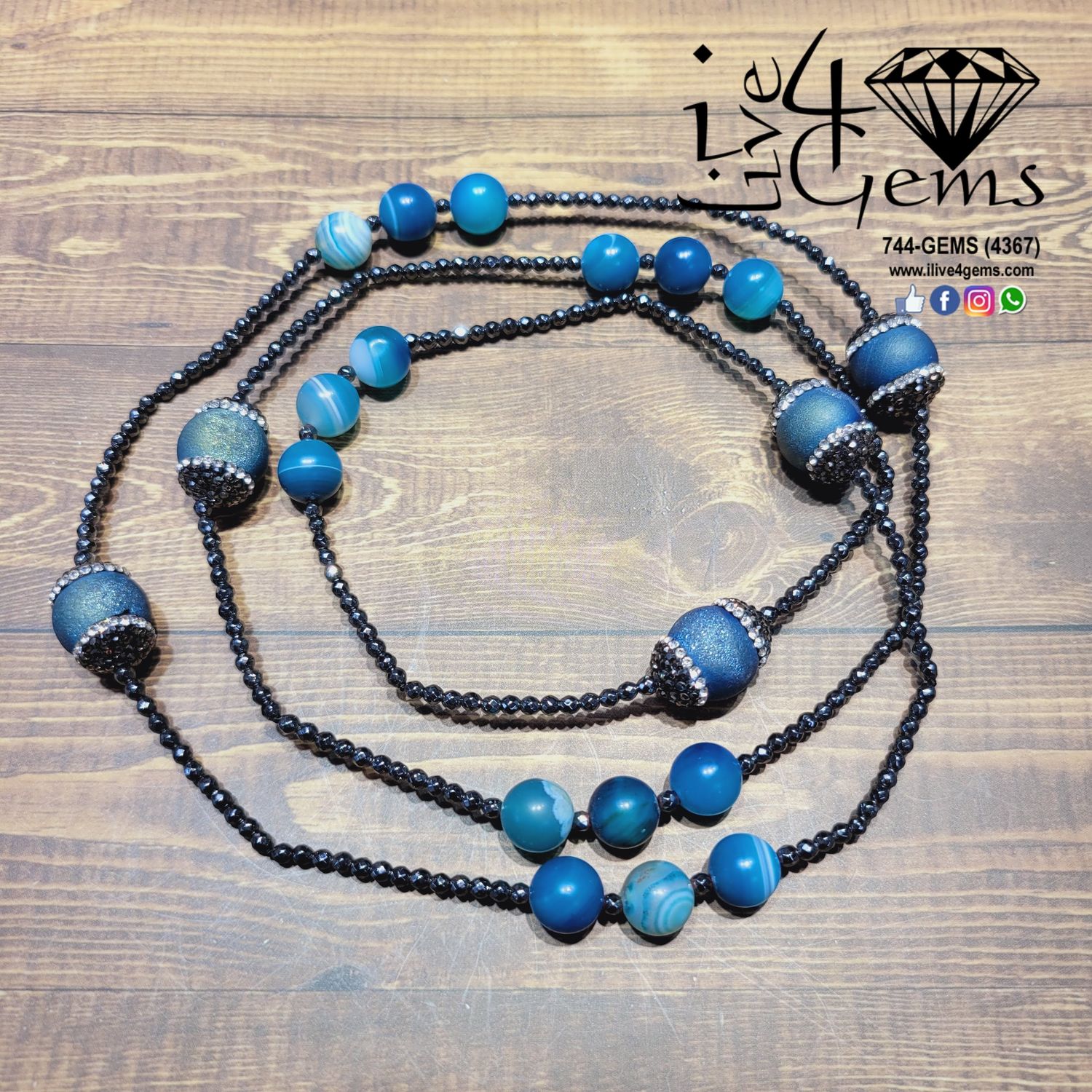 Hemitite, Frosty Blue Agate, Druzy Agate 38&quot;L