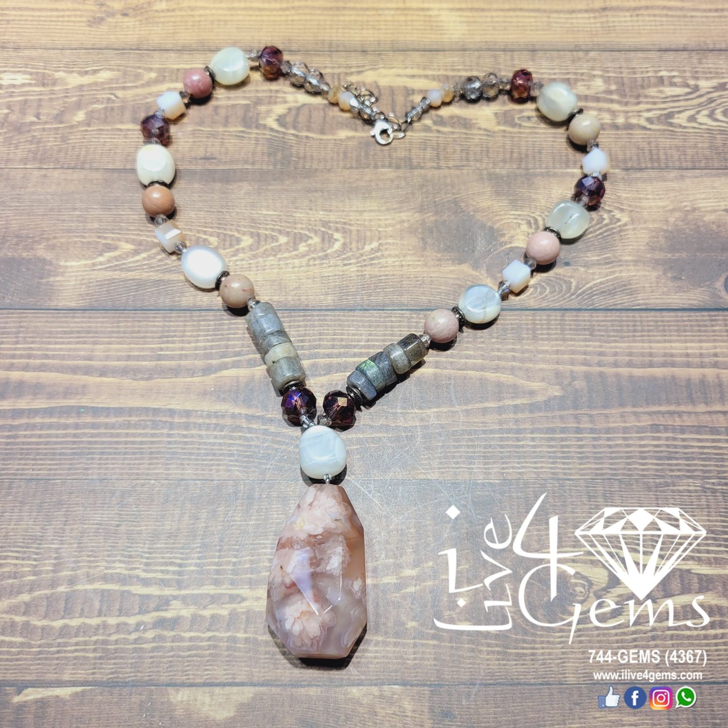 Flower Agate Geo Pend, moonstone,rhodonite,labradorite,crystal 17.50&quot;