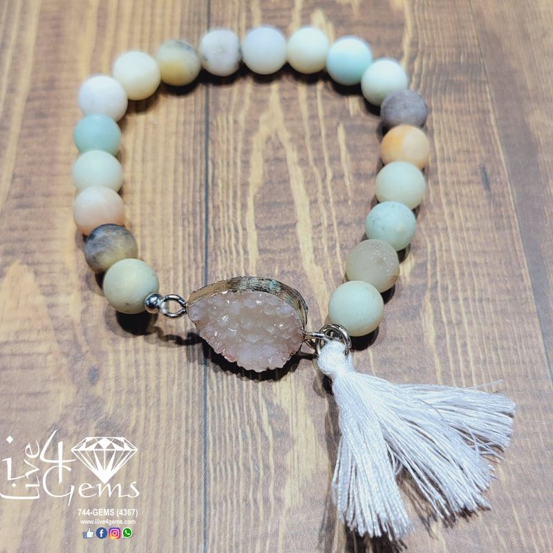 Matte Amazonite Druzy Tassel Bracelet White