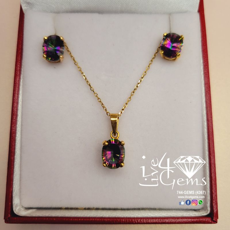 10kt Gold Mystic Topaz Pendant w Chain and Earring Set