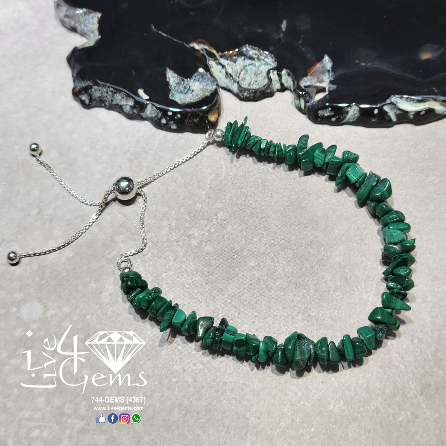 Silver Bead Cluster Bracelet Malachite