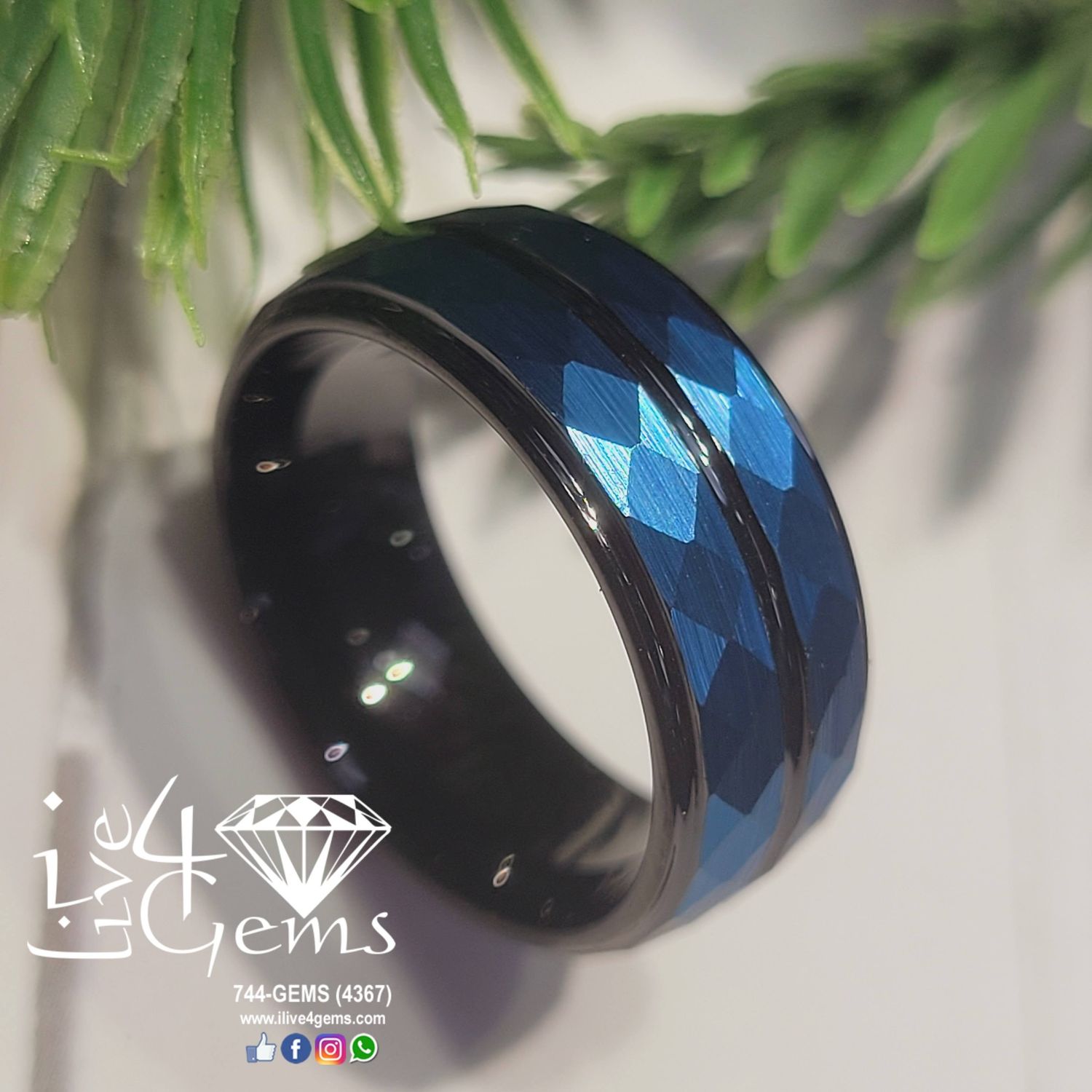 Tungsten Carbide Blue Diamond Cut Black Band