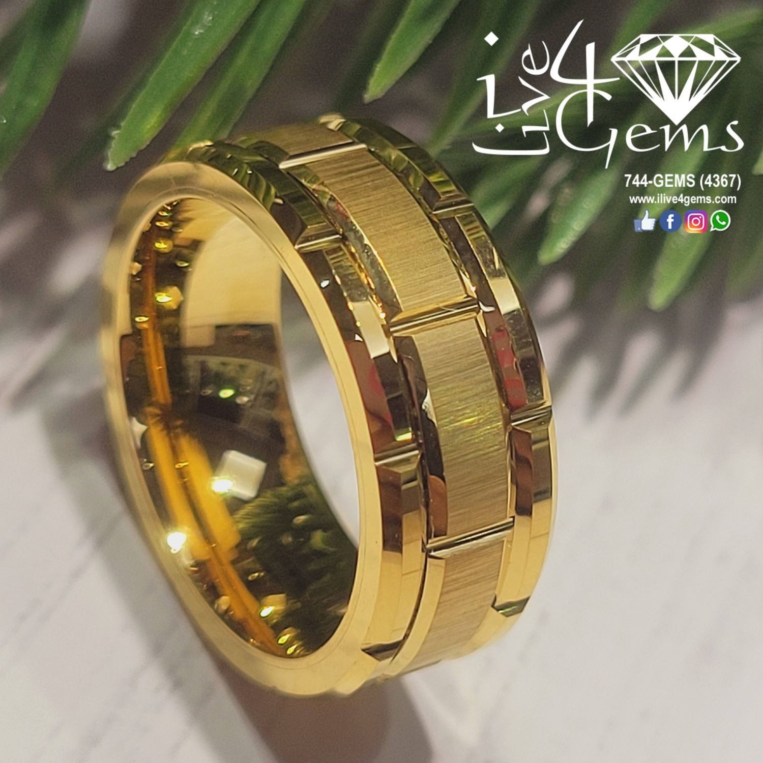 Tungsten Carbide Brick Pattern Gold Band