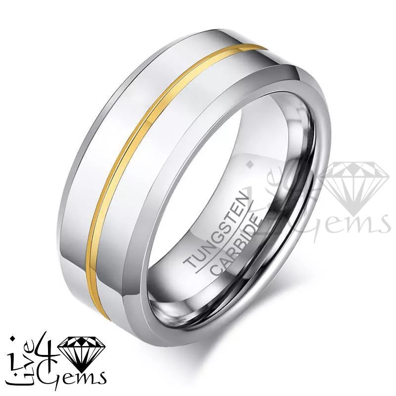Tungsten Carbide Silver w Gold Stripe Ring