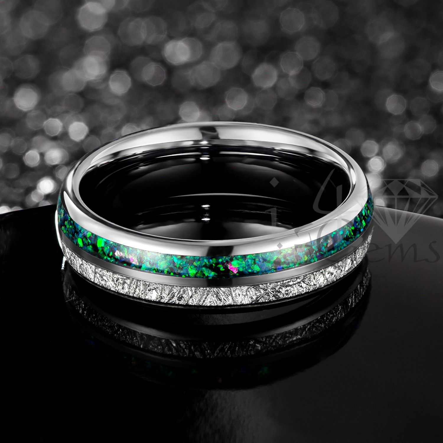 Tungsten Carbide  Silver Opal Inlay Band