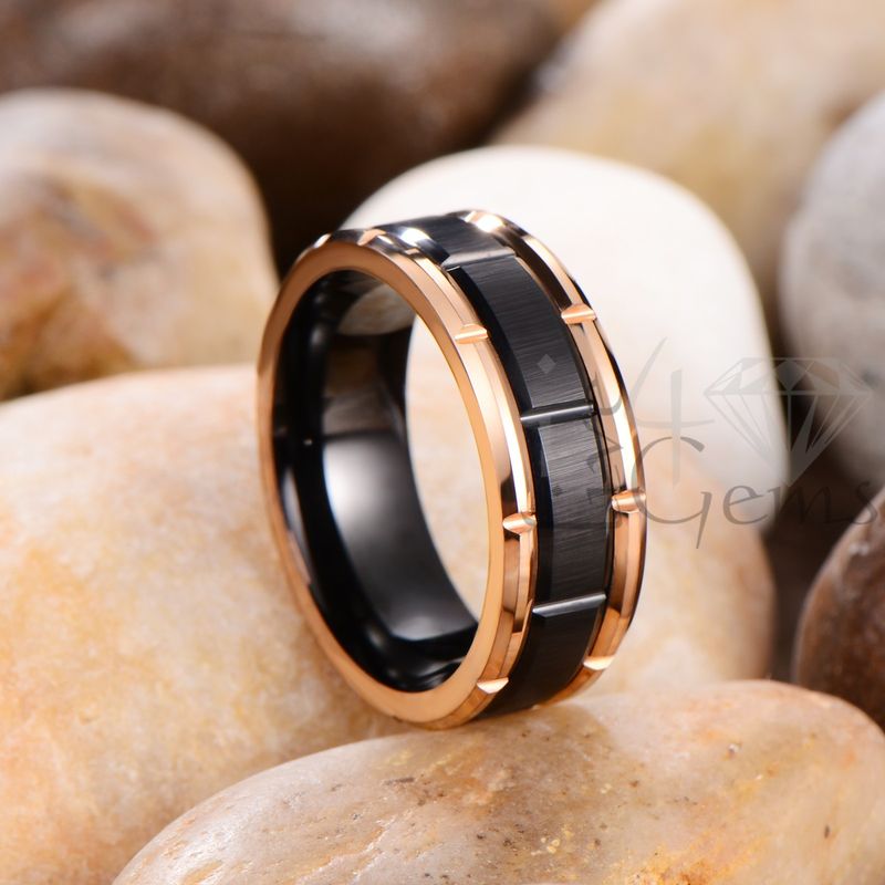 Tungsten Carbide Brick Pattern Black/RGold Band