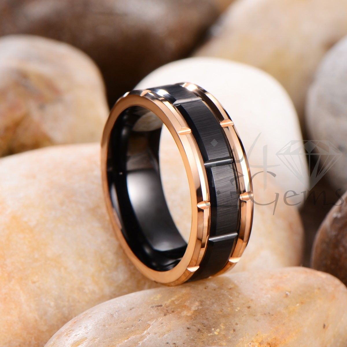 Tungsten Carbide Brick Pattern Black/RGold Band