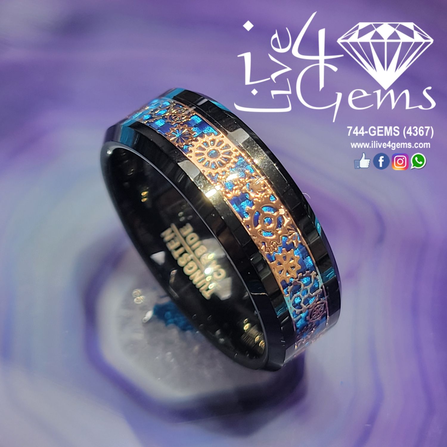 Tungsten Carbide Rose Gold Cog Black Band