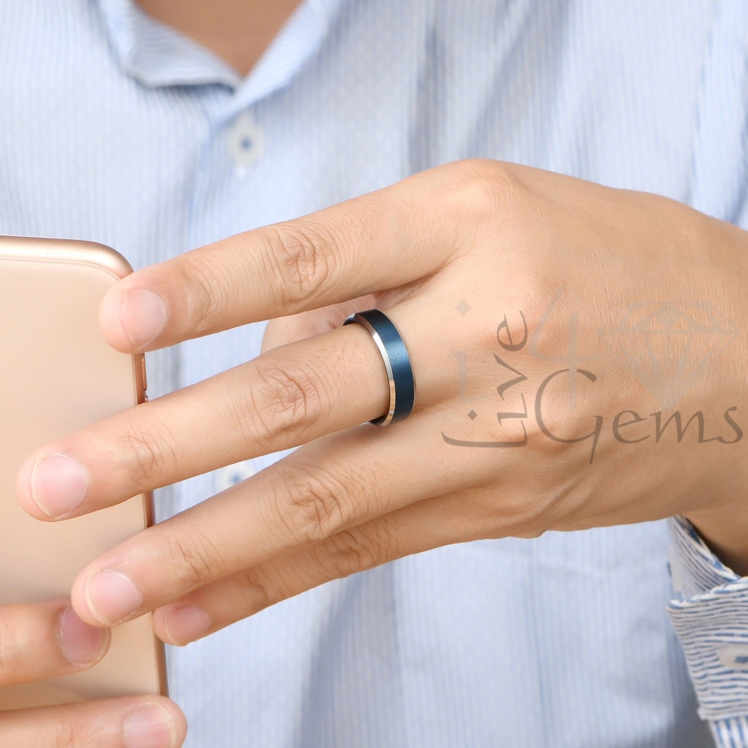 Tungsten Carbide 6mm Blue Matte w Silver Edge Band