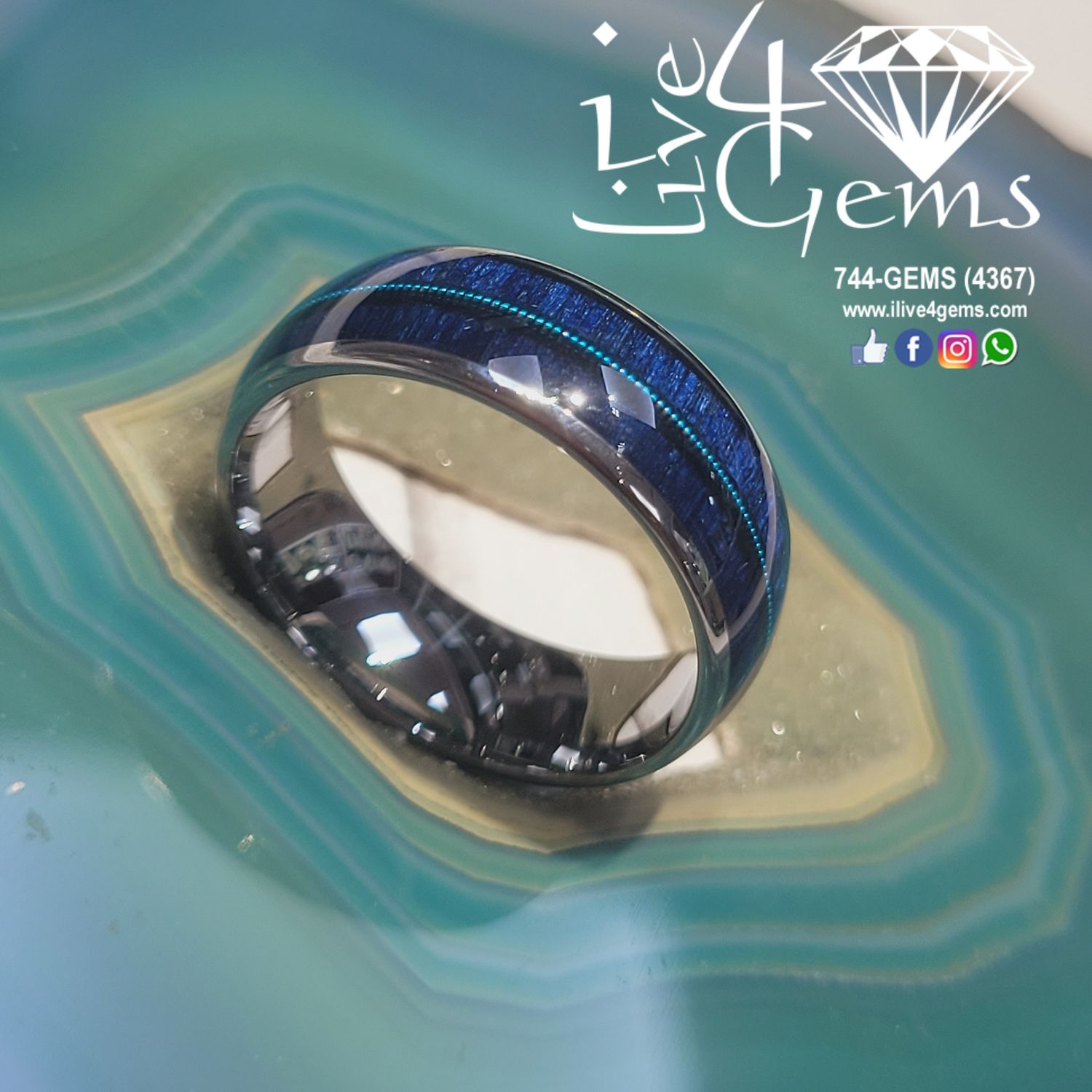 Tungsten Carbide Silver Inlay w Blue Band
