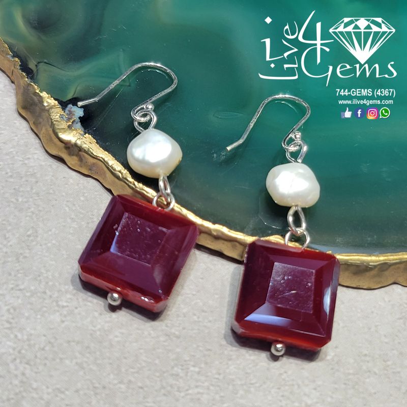 Garnet Red Square Crystal and Pearl Drop Down Silver Earrings