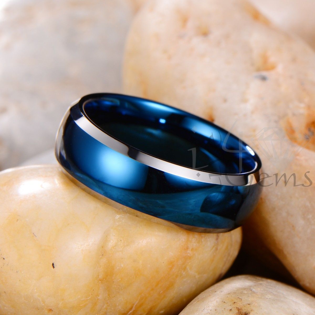 Tungsten Carbide Blue w Silver Rounded Edge Band