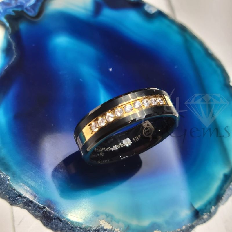 Tungsten Carbide Black w Gold CZ Band 