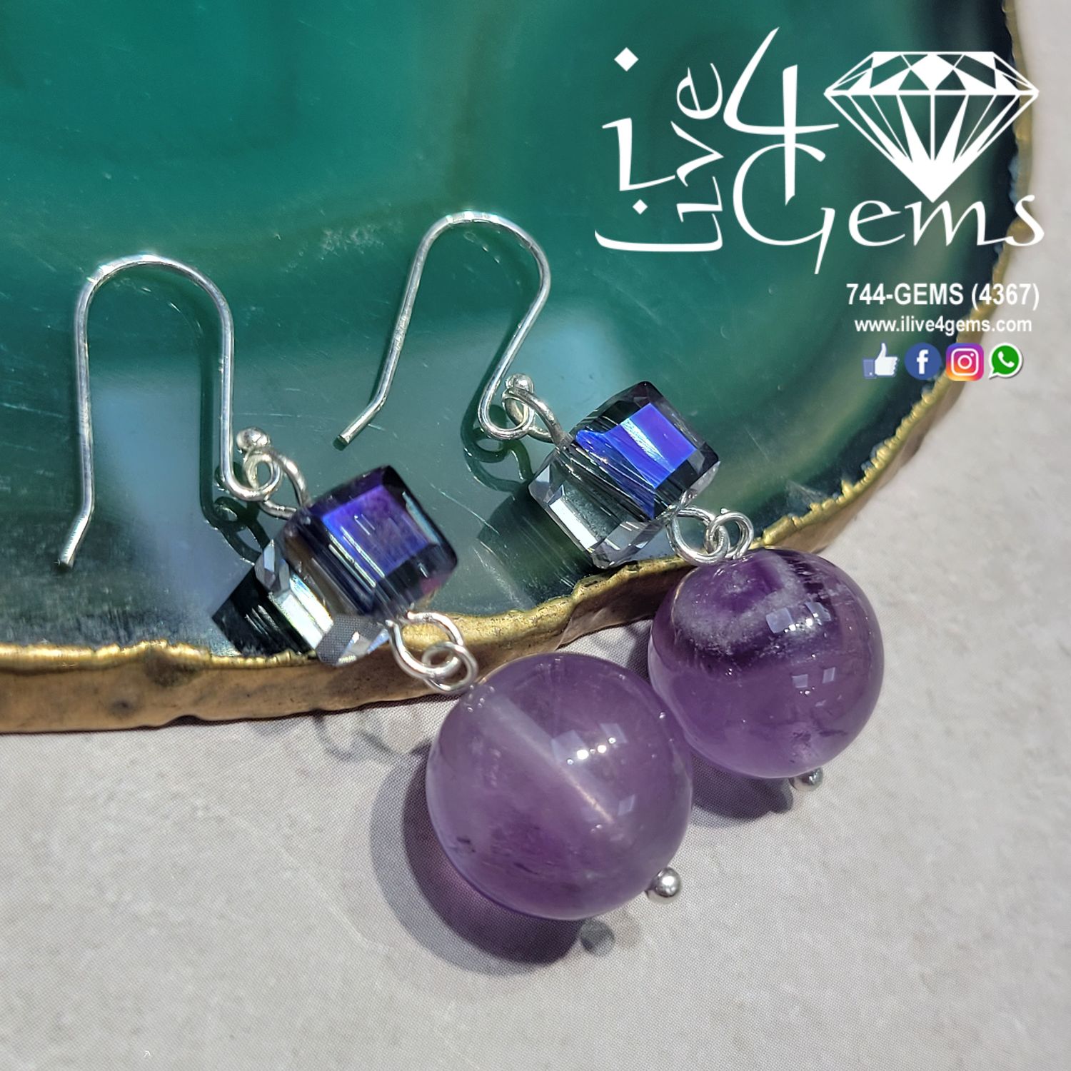 Genuine Beaded Amethyst &amp; Crystal Cube Drop Silver Earring