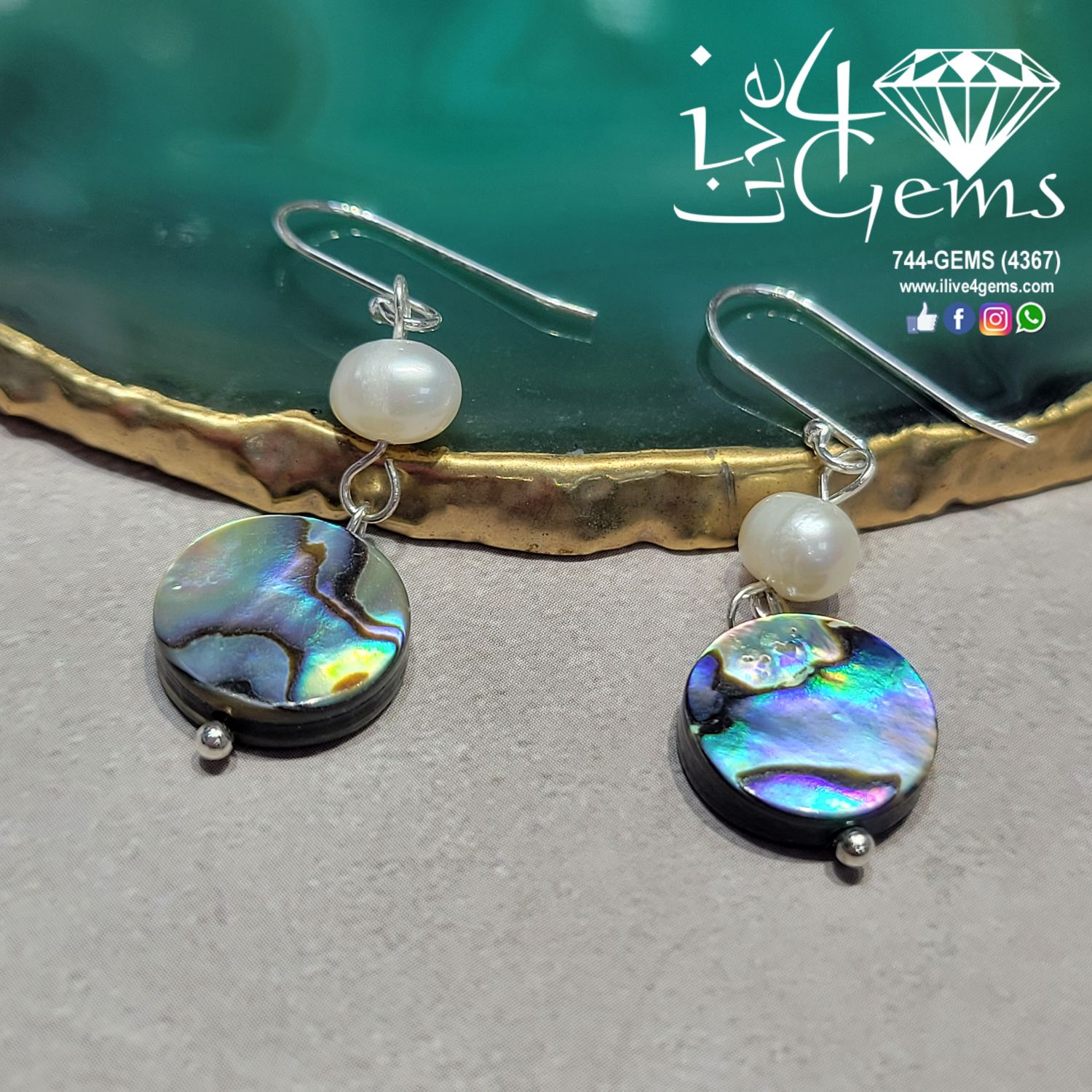 Genuine Gemstone Abalone &amp; Pearl Drop Silver Earring