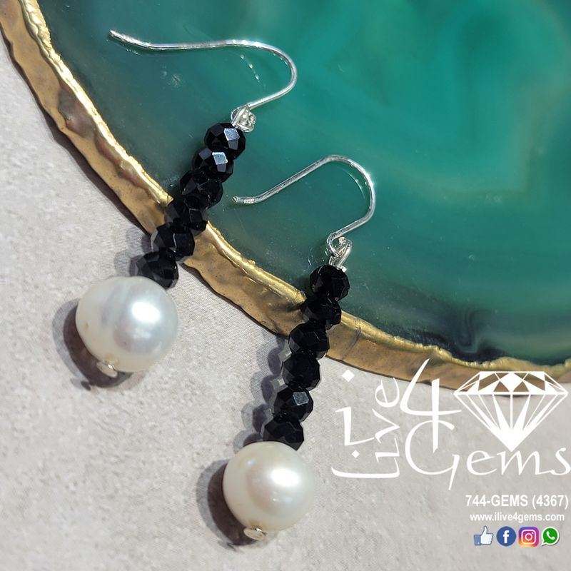 Jet Bead  Pearl Hanging Silver Earring