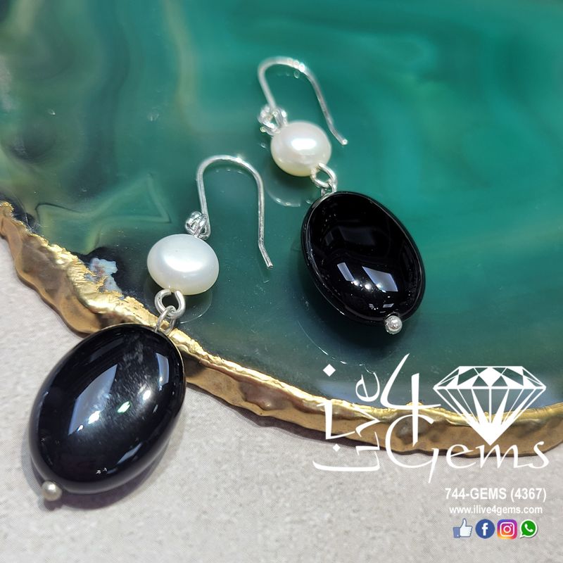 Genuine Oval Onyx Hanging Silver Earring