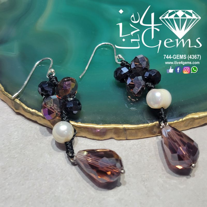 Hand Knotted Crystal and Pearl Hanging Silver Earring