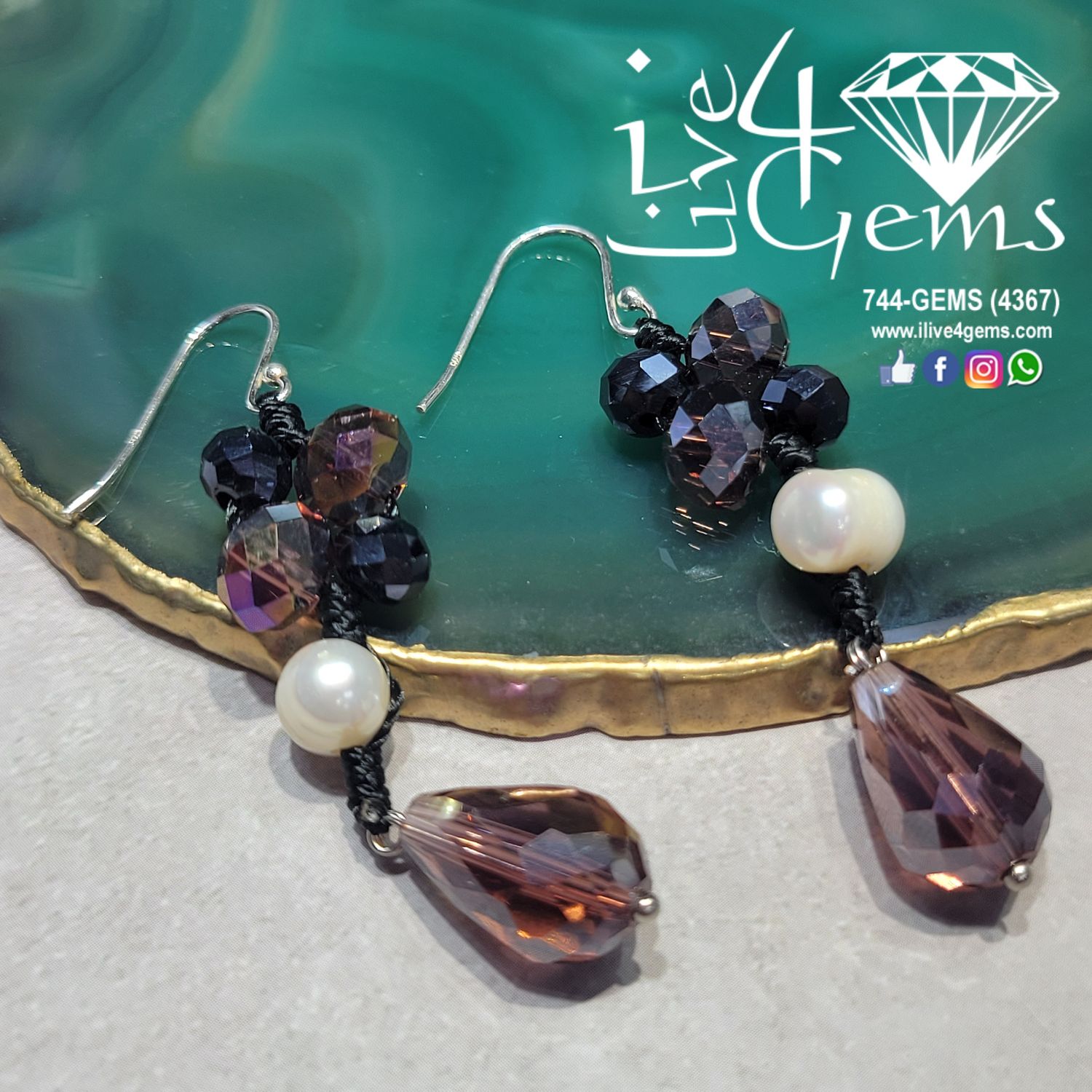 Hand Knotted Crystal and Pearl Hanging Silver Earring