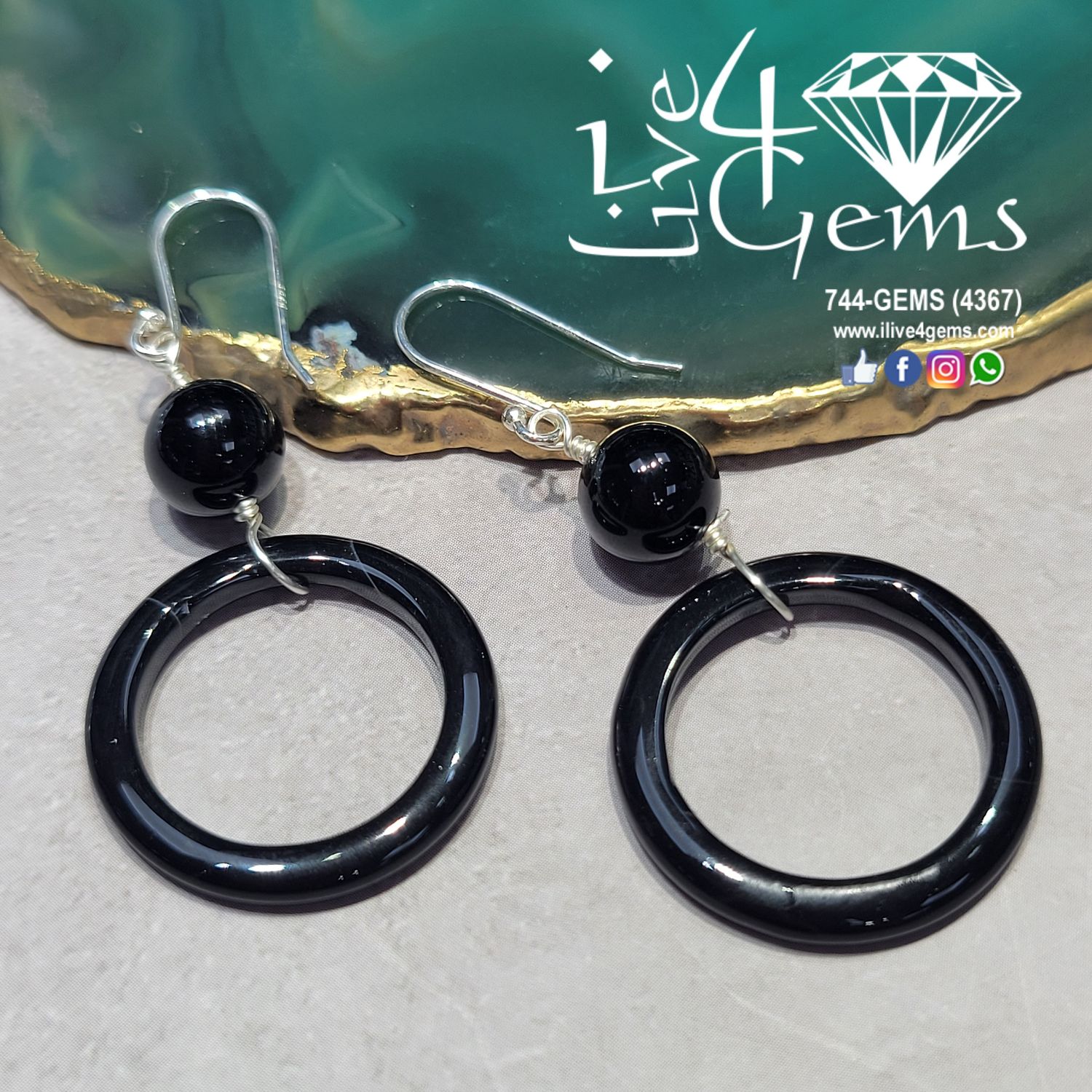 Round Onyx Hoop Silver Hanging Earring