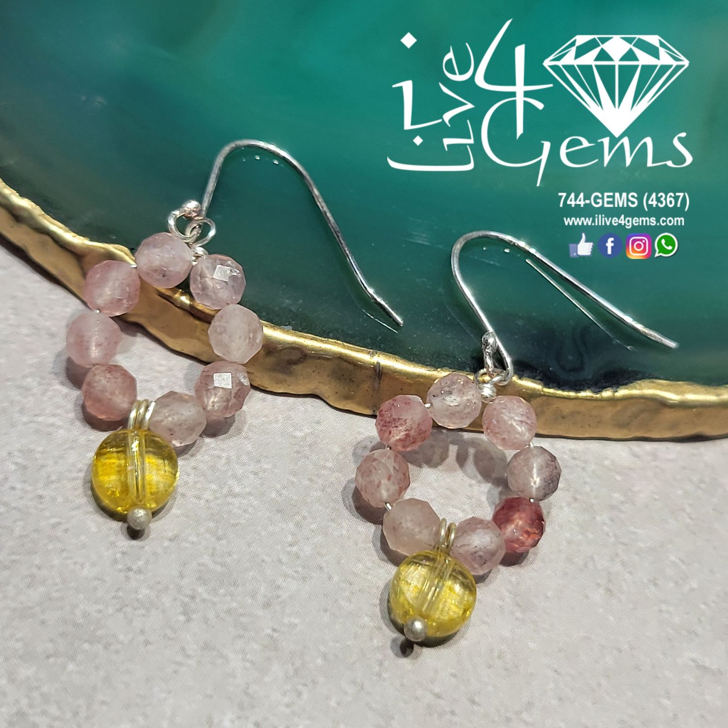 Strawberry Quartz Beaded Hoop with A Citrine Drop Silver Earring