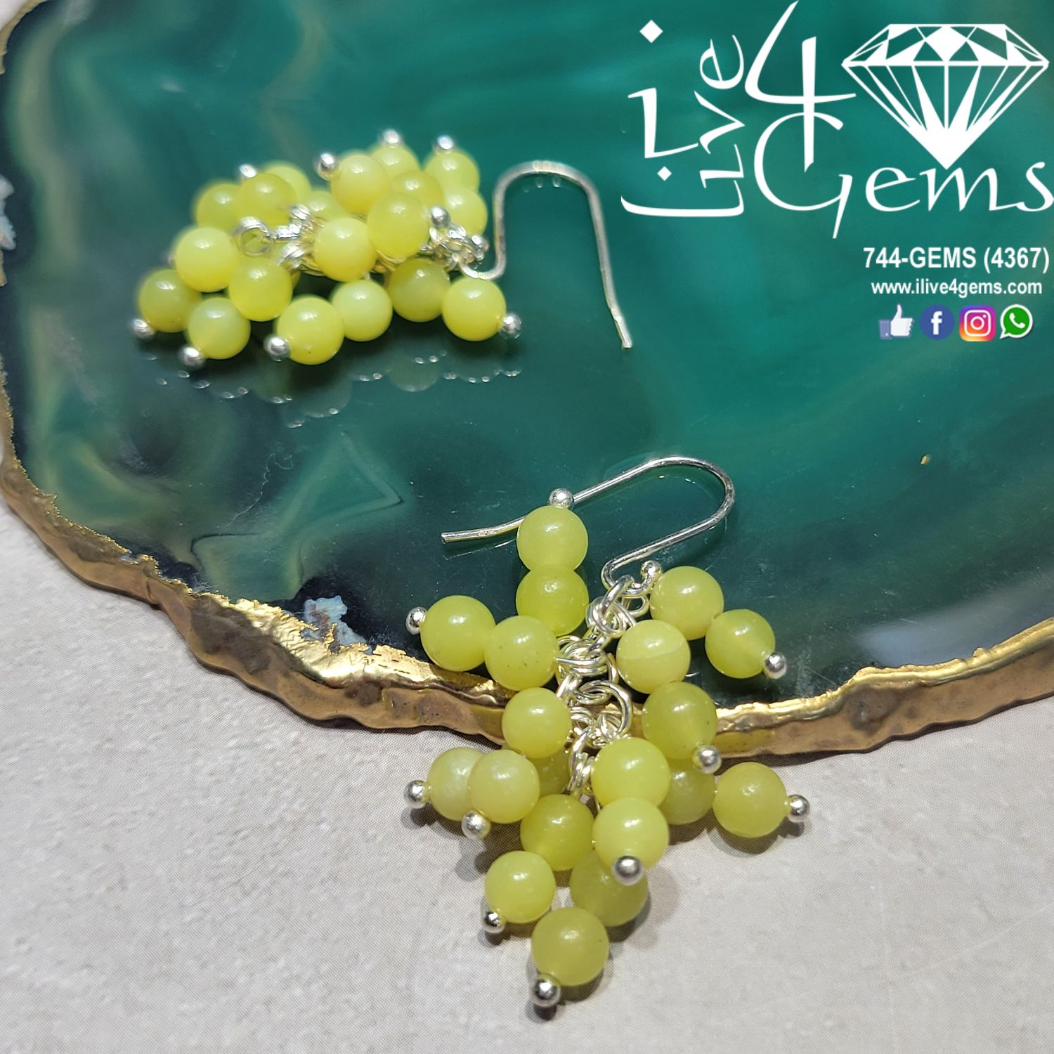 Genuine Cluster Hanging Silver Earring, Gemstone: Lemon Jade