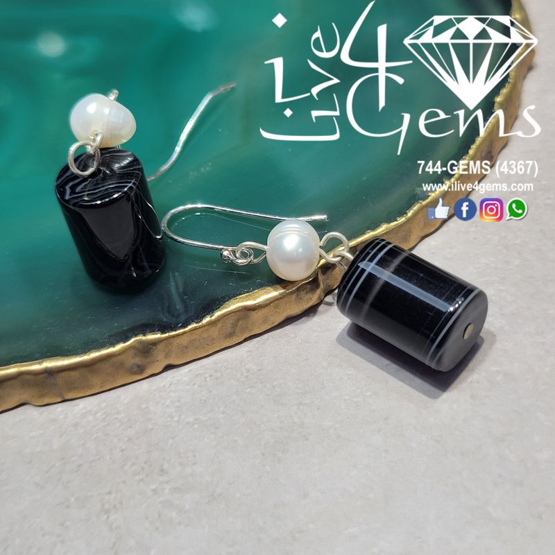 Genuine Black Agate Cultured Pearl Drop Down Silver Earrings