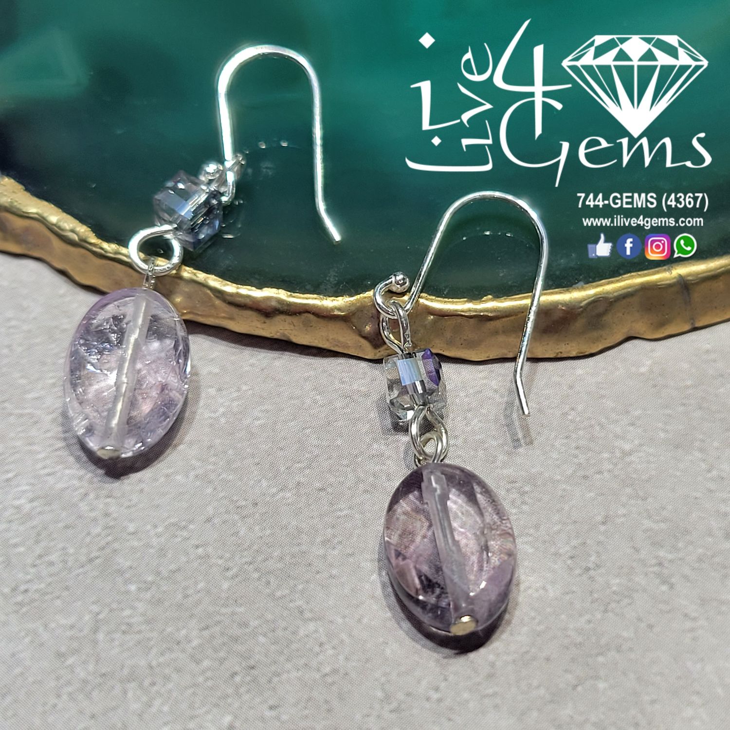 Genuine Amethyst and Crystal Cube Silver 2-Drop Earring