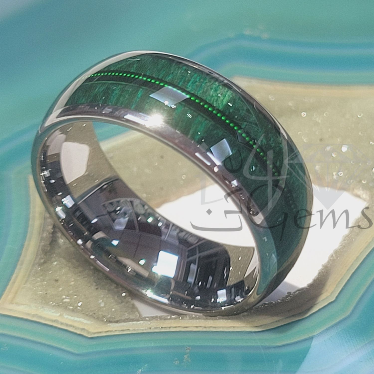 Tungsten Carbide Silver w Green Inlay Band