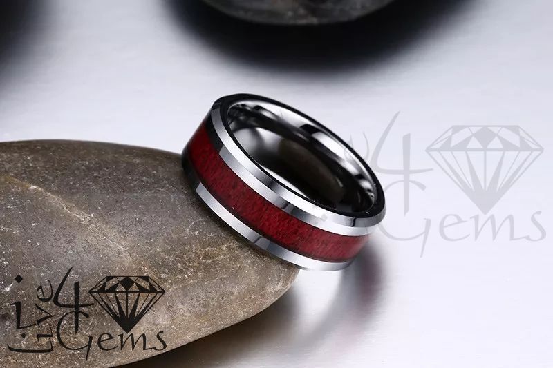 Tungsten Carbide Teak Wood Inlay Silver Band 8mm
